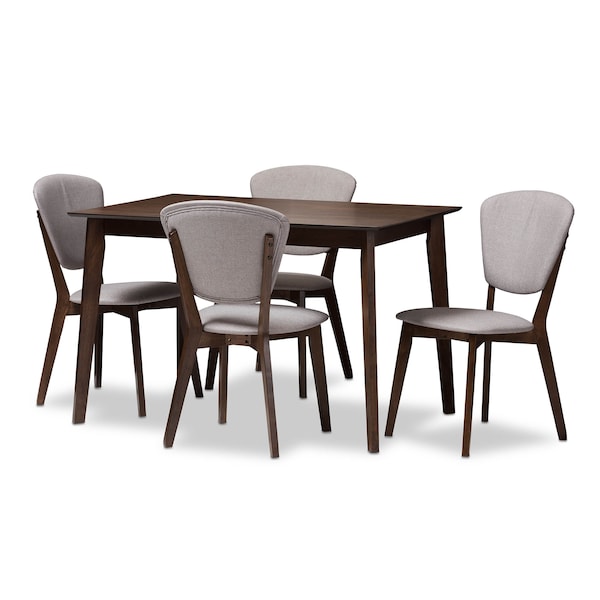 Baxton Studio Tarelle Walnut-Finished Grey Upholstered 5-Piece Dining Set 143-8068 - main